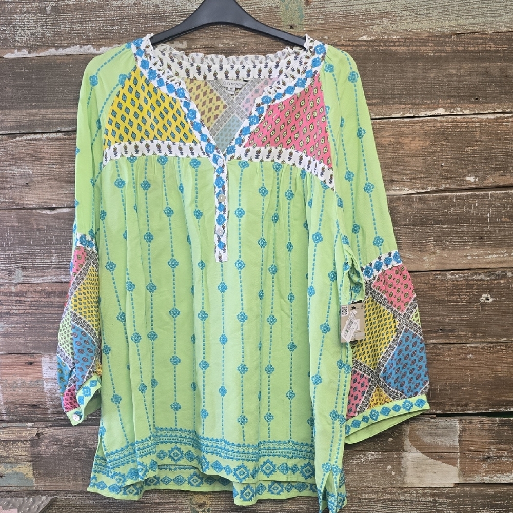 John Mark Lime Green Embroidered Patchwork Boho Blouse